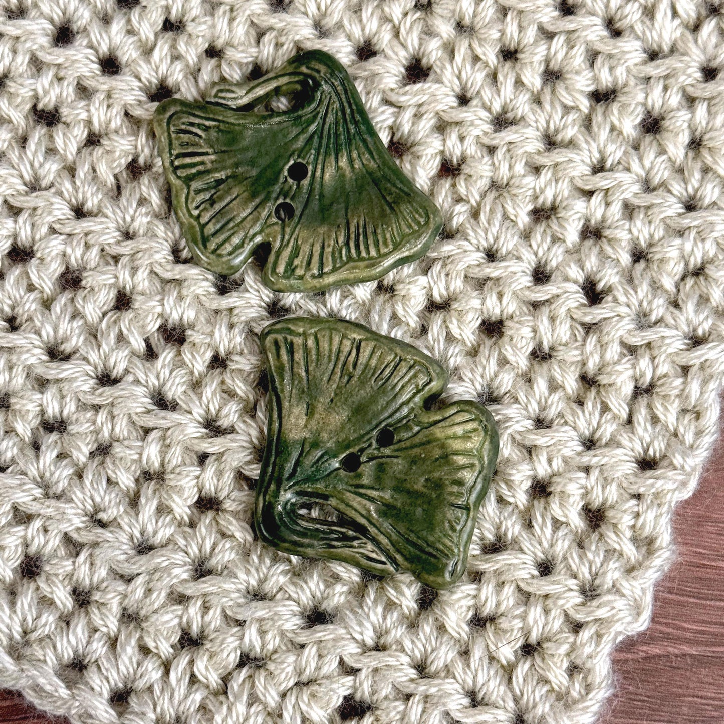 Carved Green Ginkgo Ceramic Button with Dark Green Details