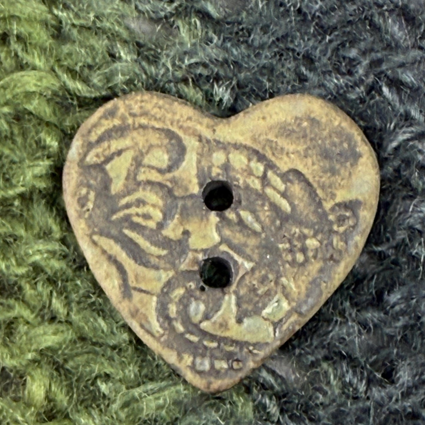 Matcha Green Floral Pattern on Black Porcelain Heart Button