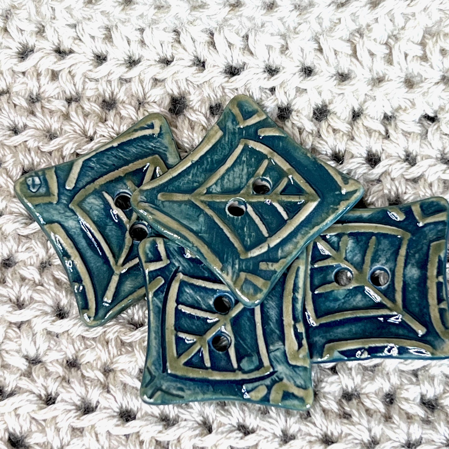 Square Green Button With Graphic Leaf Stamp 2 Holes