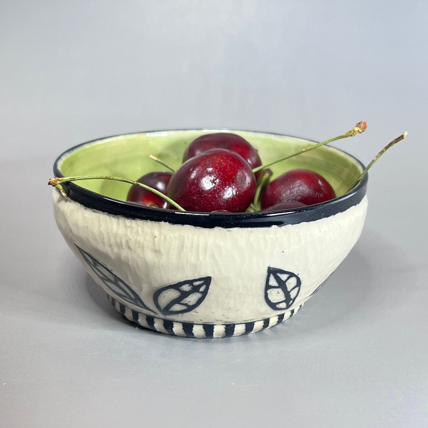 Sgraffito Stoneware Bowl, Celadon Glaze, Leaf Design
