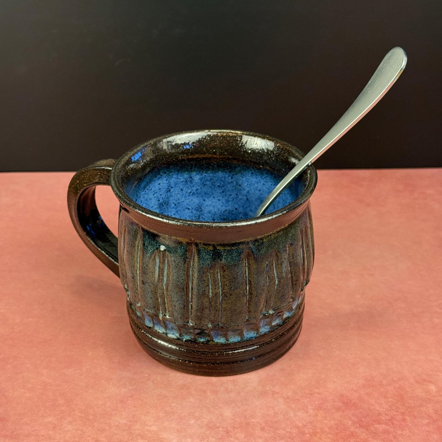 Midnight Blue and Brown Carved Rustic Mug