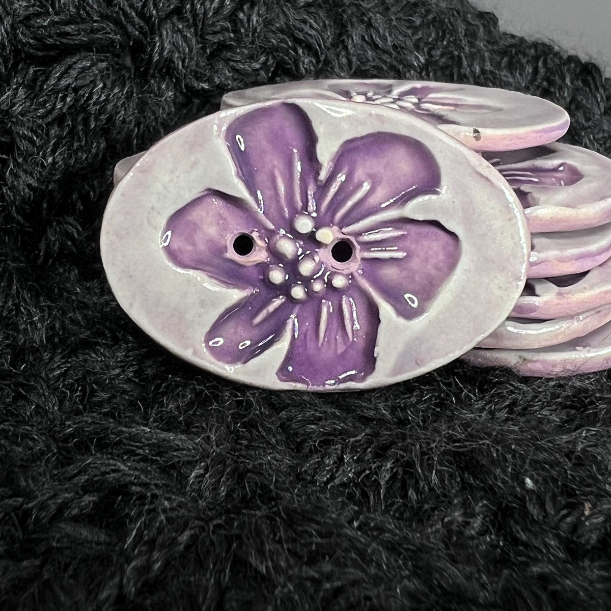 Large Lavender Blossom Stamped Oval Ceramic Button