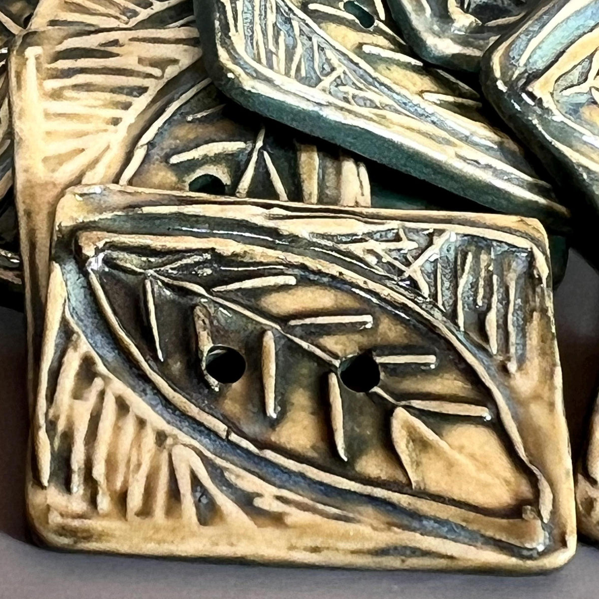 Large Green and YellowStamped Leaf Ceramic Artisan Button