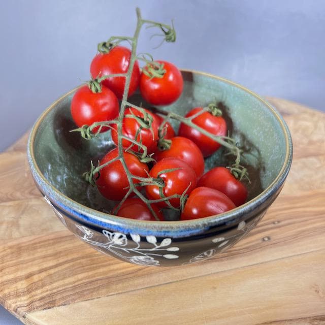 Leaves and Berries Shallow Serving Bowl Black Sgraffito with Green Interior
