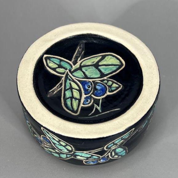 Decorative Blue Berries and Leaves Sgraffito Design Bud Vase