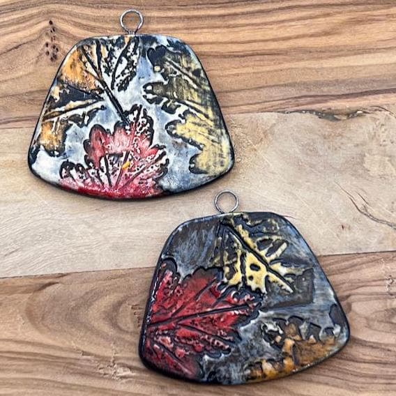 Vivid Fall Leaf Textures in Black Ceramic Pendants