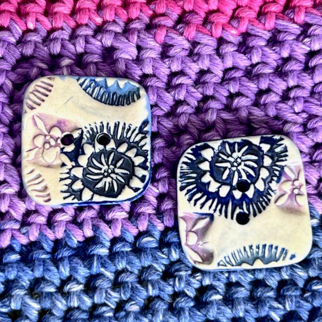 Purple and Blue Boho Designs on White Square Buttons