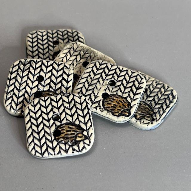 Hedgehog on Knit Square Ceramic Button