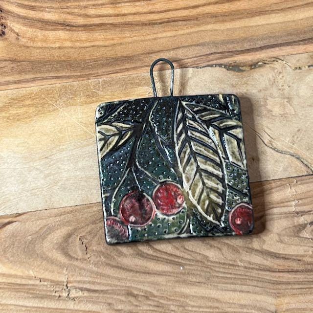 Red Berries and Textures in Black Ceramic Pendants