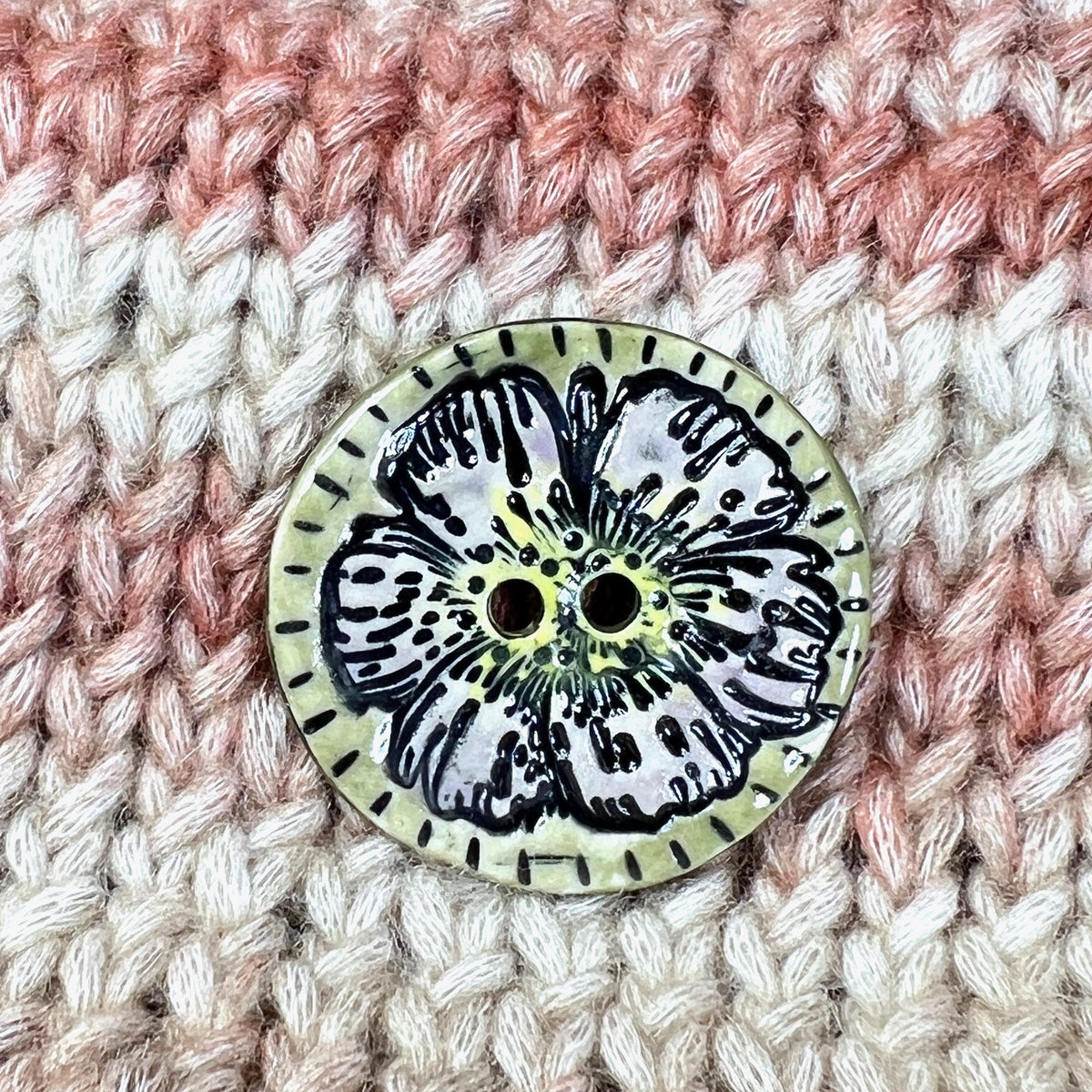 Large Button with Light Lavender Flower and Green Border