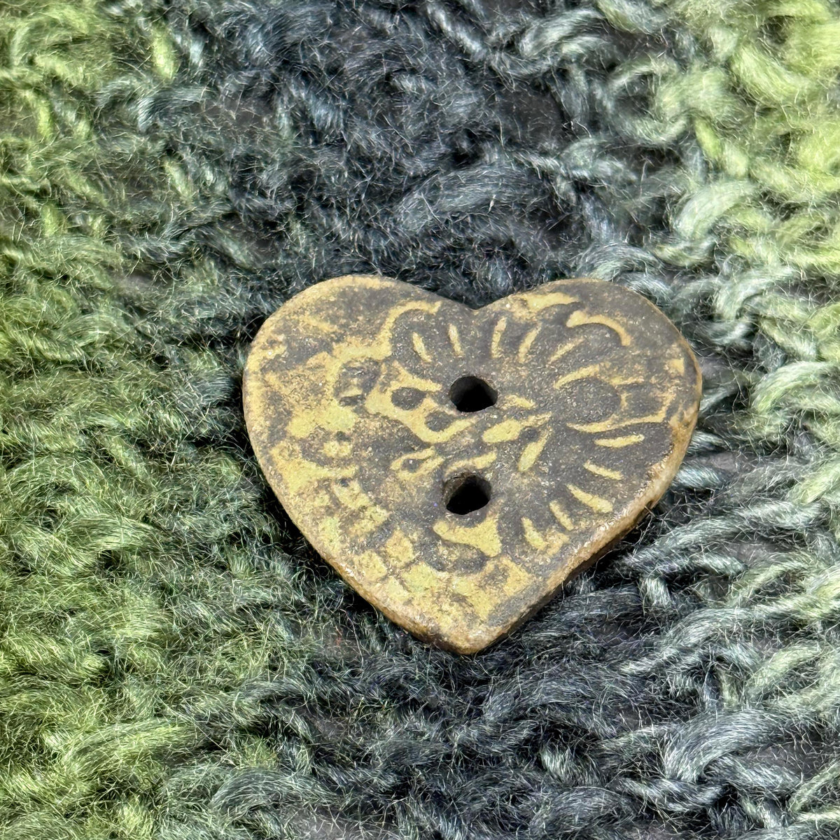 Matcha Green Floral Pattern on Black Porcelain Heart Button