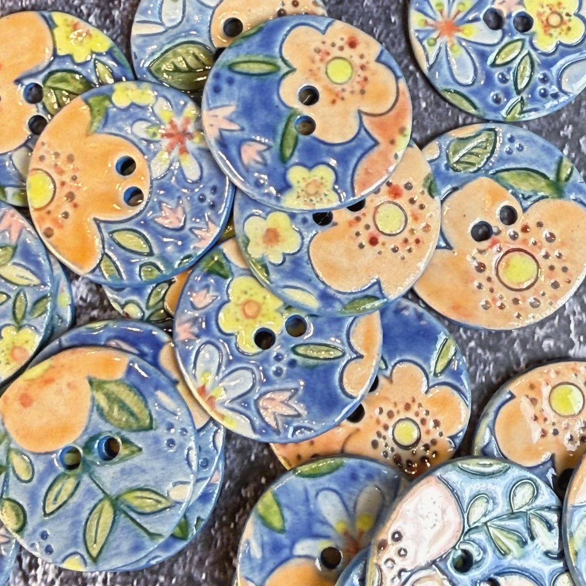 Orange and Blue Graphic Flowers Ceramic Buttons