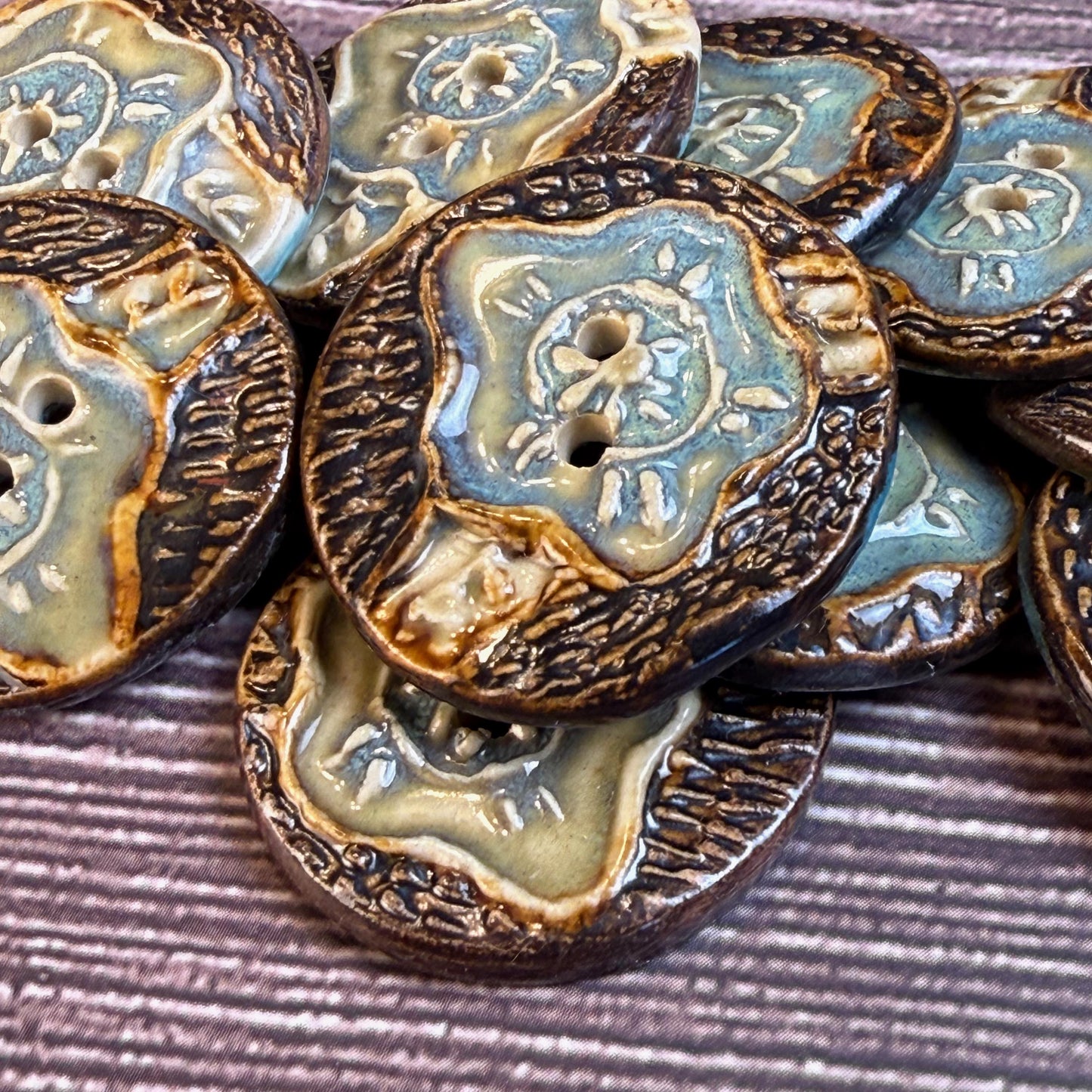 Turquoise Blue and Copper Flower and Leaf Ceramic Button