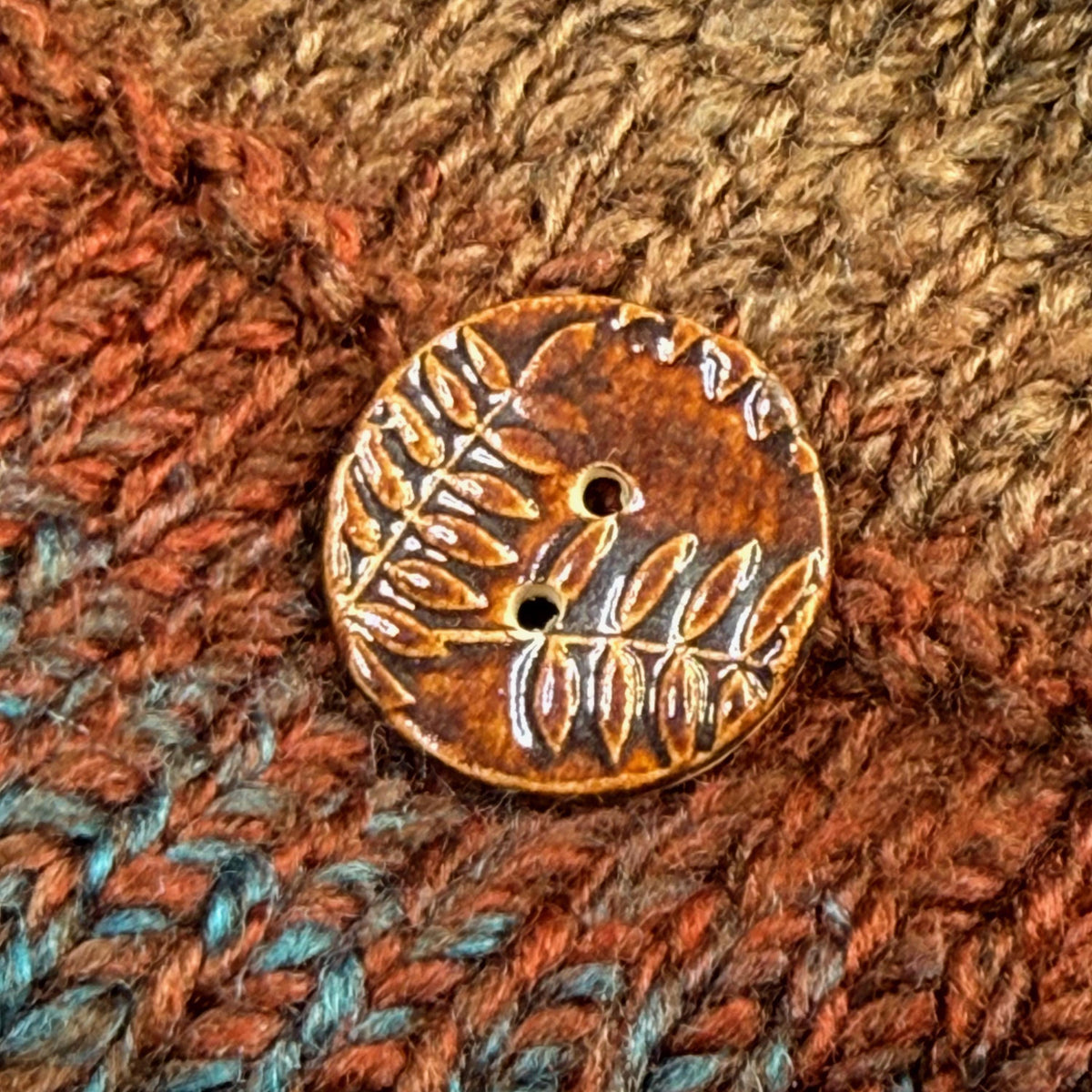 Brown Woodland Fern Textured Round Ceramic Button