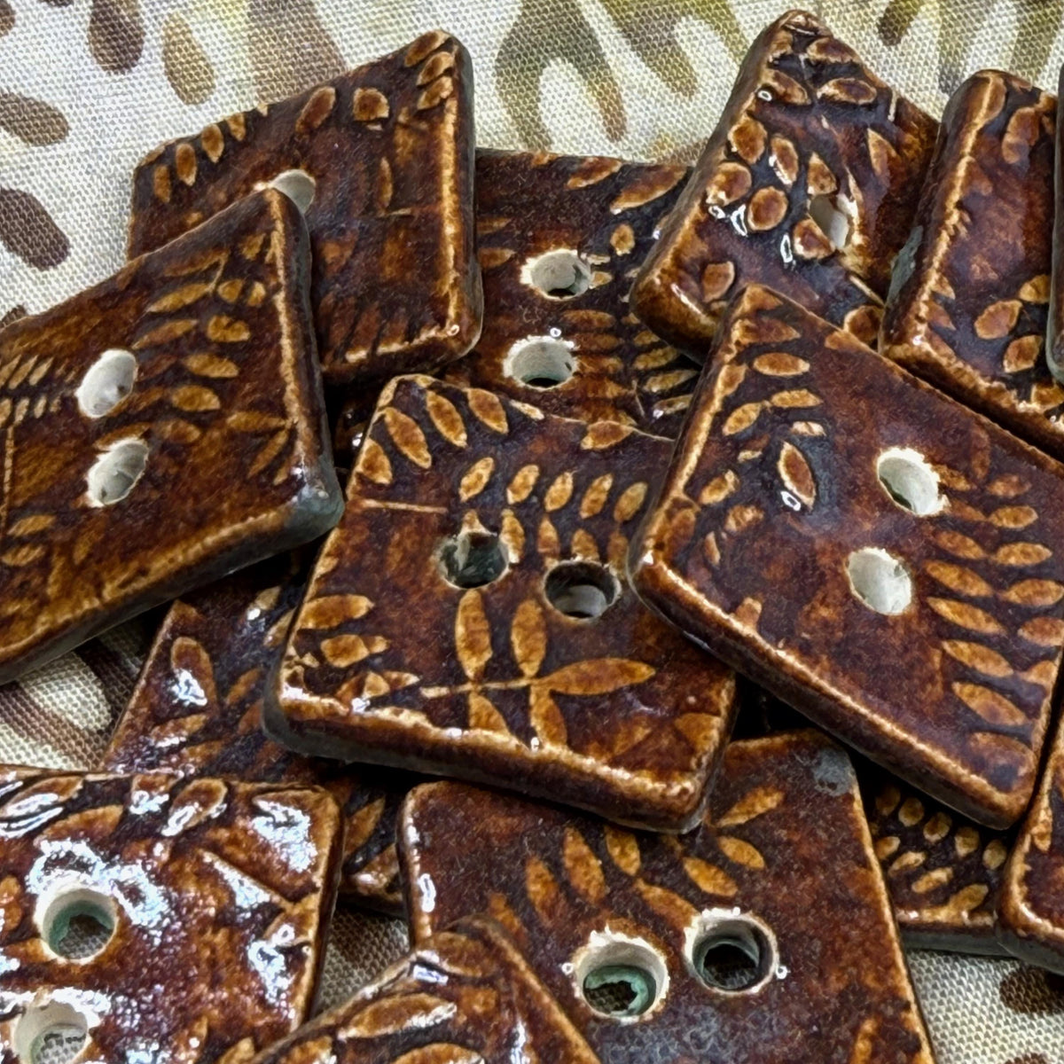Brown Tiny Square Button with Woodland Fern Texture