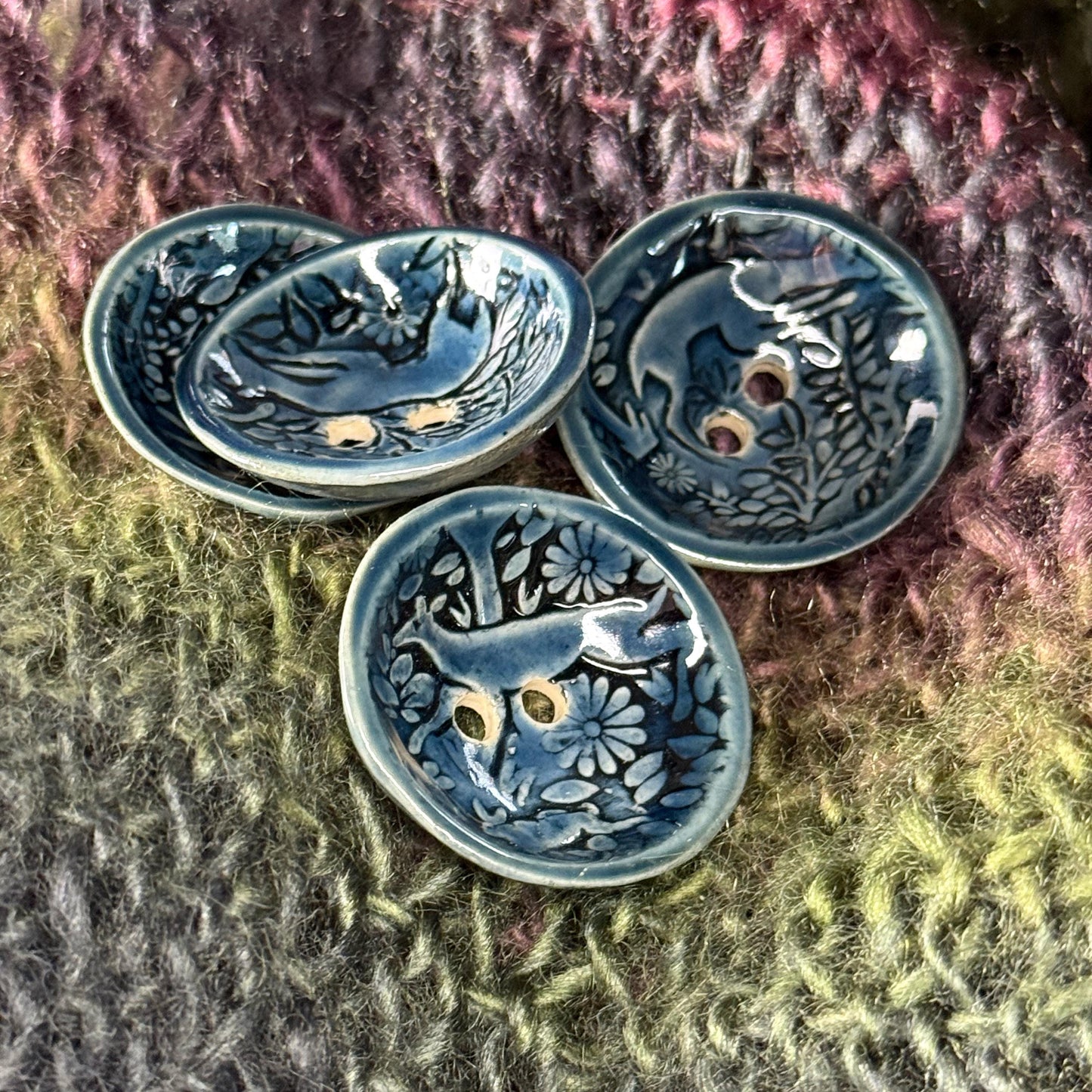 Woodland Deer With Tree Dark Blue Round Ceramic Button