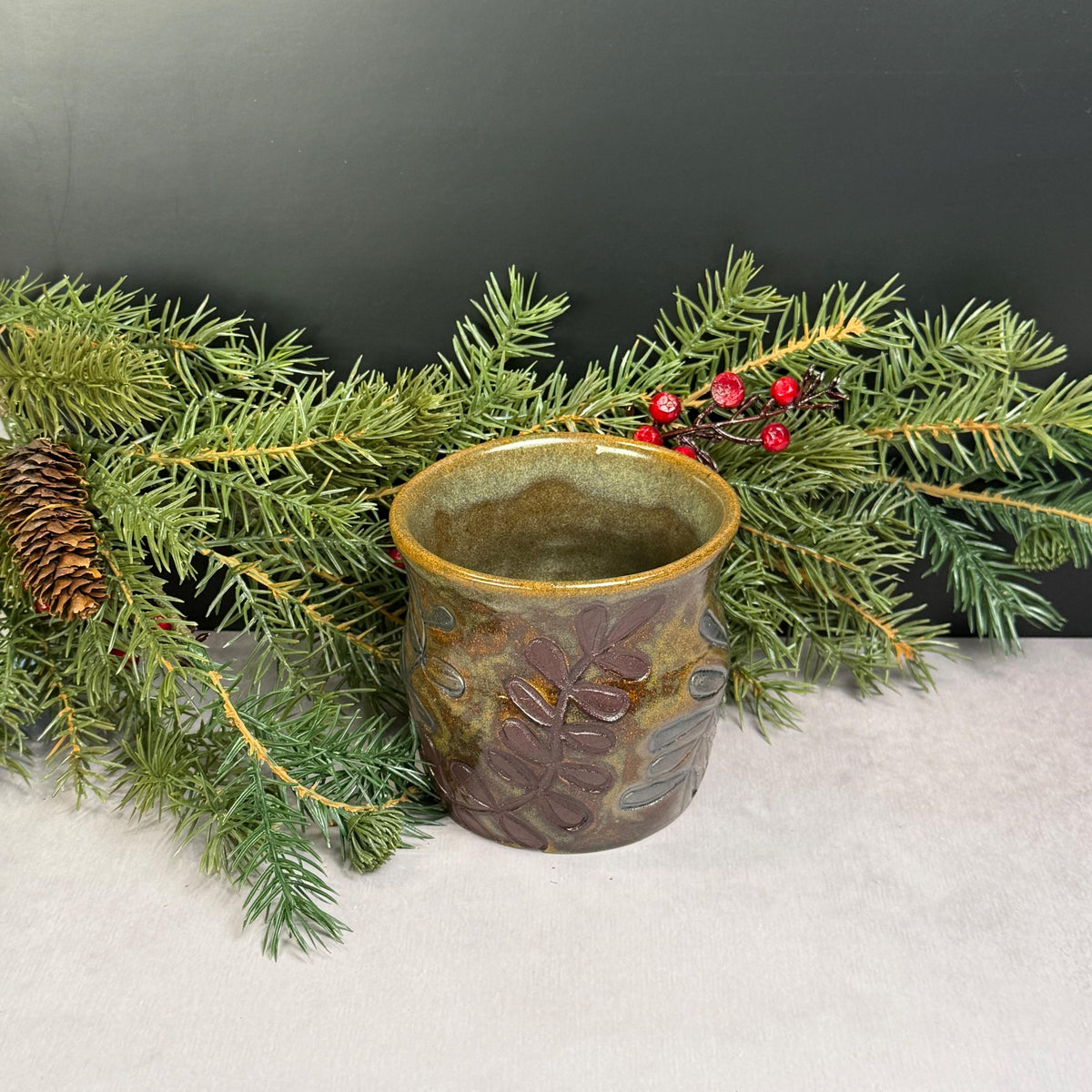 Brown Leaves on a Brown and Green Stoneware Pot/Desk Caddy