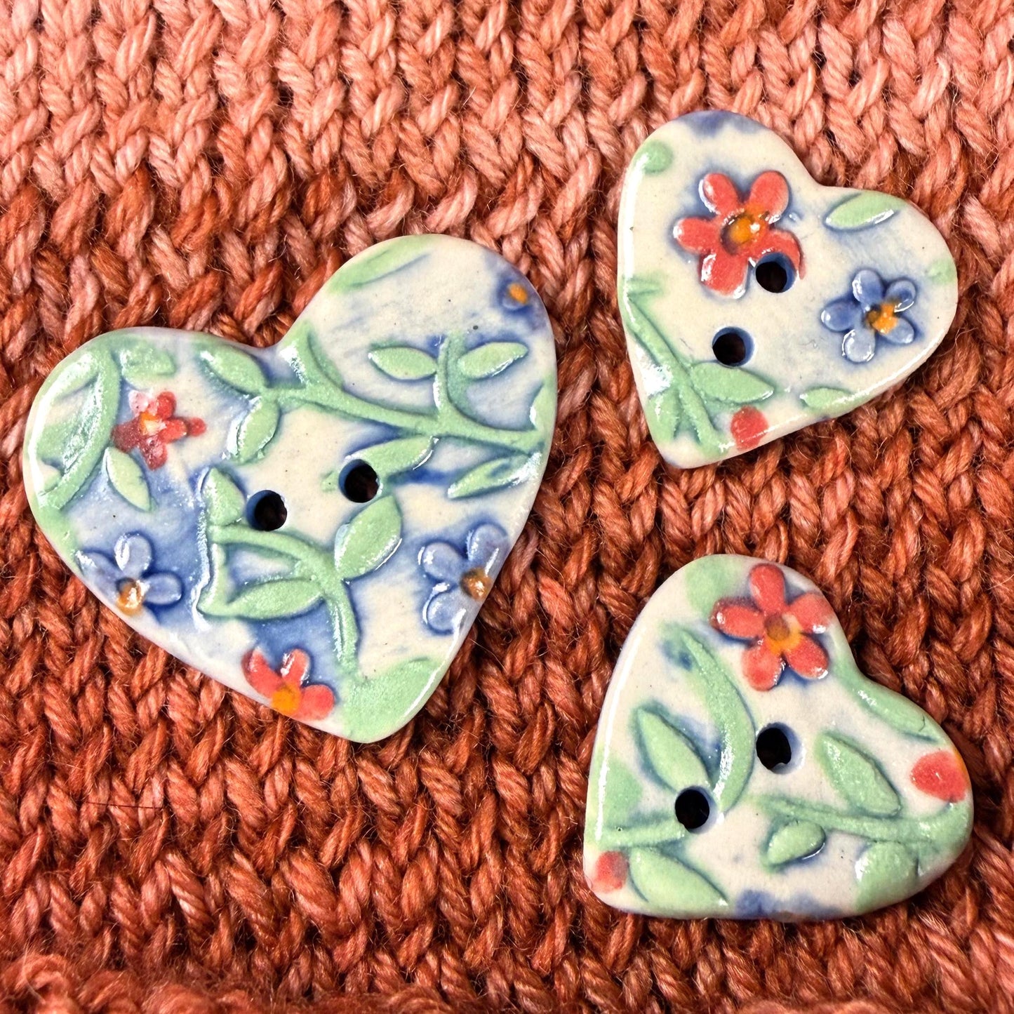 Handmade Ceramic Heart Buttons, Blue & Orange Floral Design