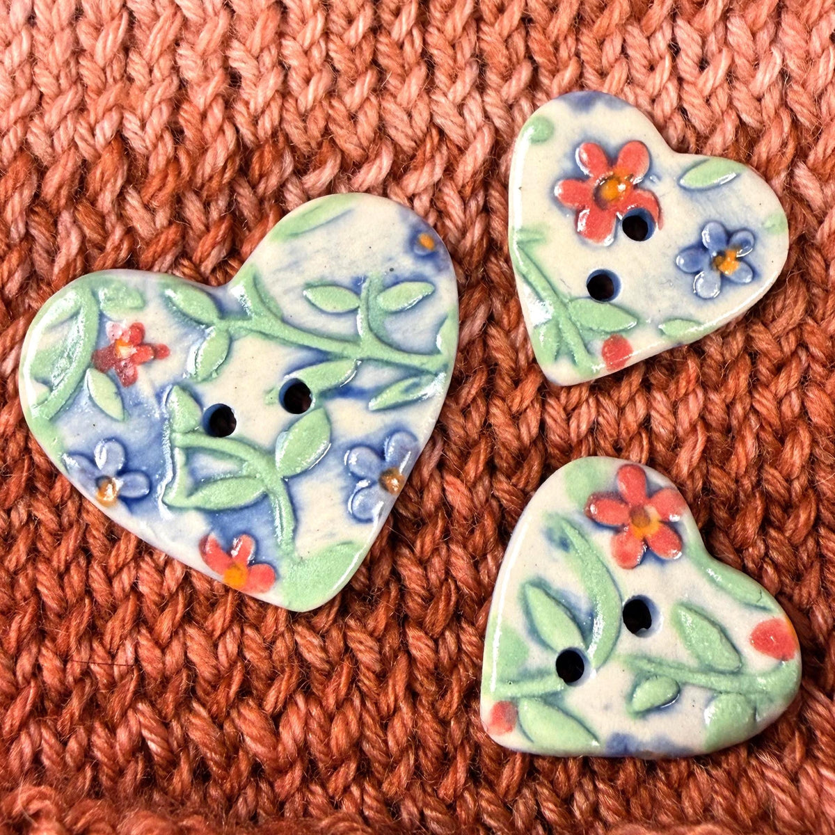 Handmade Ceramic Heart Buttons, Blue & Orange Floral Design