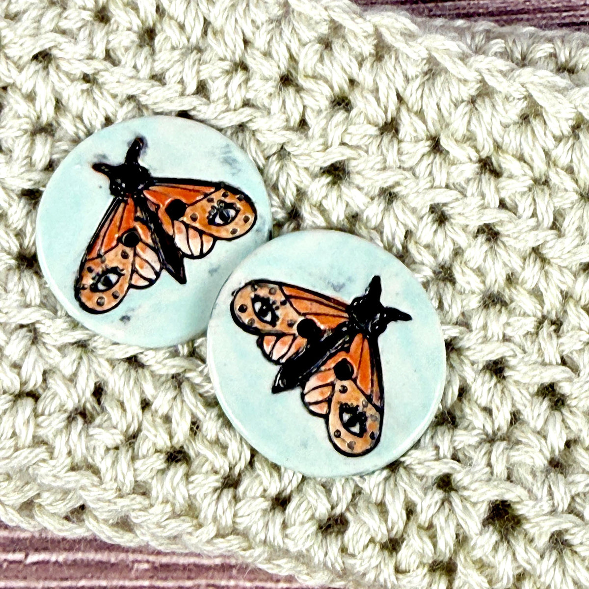 Large Coral and Salmon Moth Aqua Blue Ceramic Button
