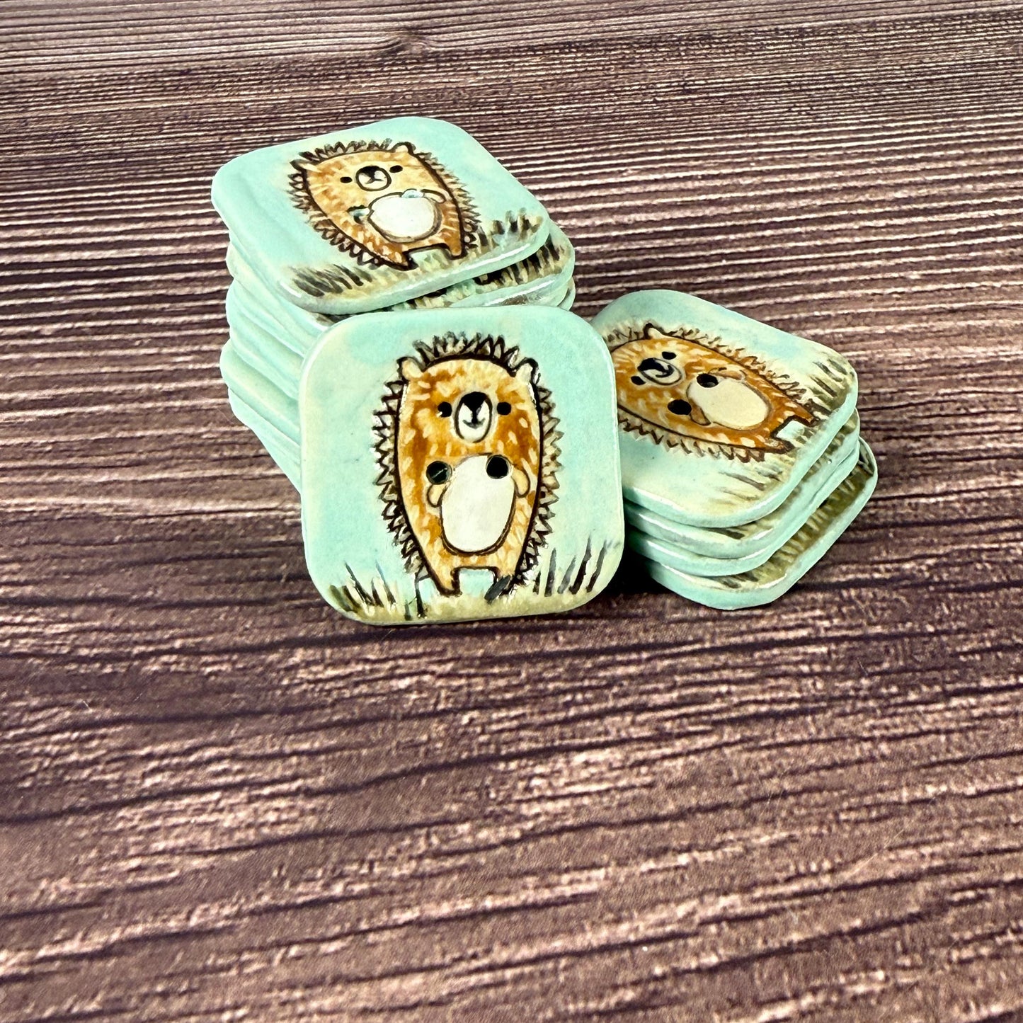 Retro Owl and Hedgie Square Ceramic Buttons