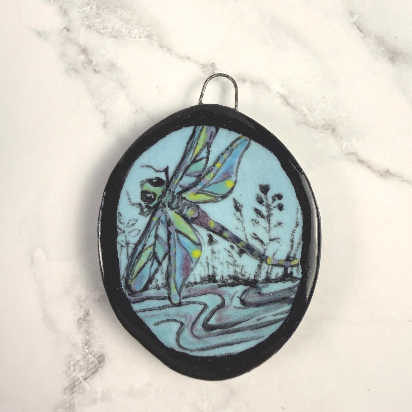 Dragonfly on Blue Oval Ceramic Pendant