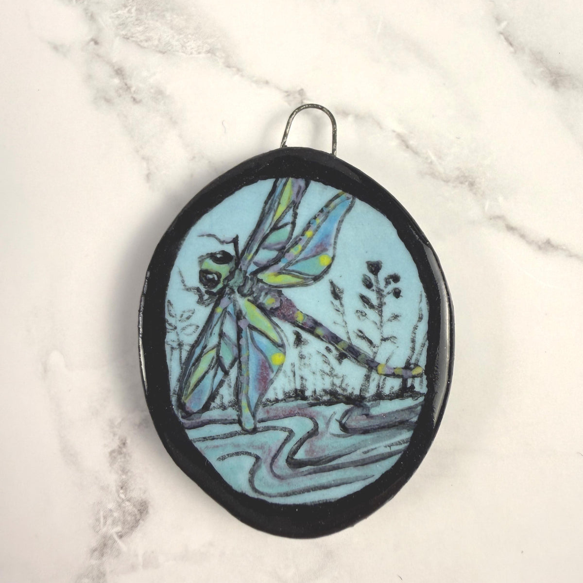 Dragonfly on Blue Oval Ceramic Pendant