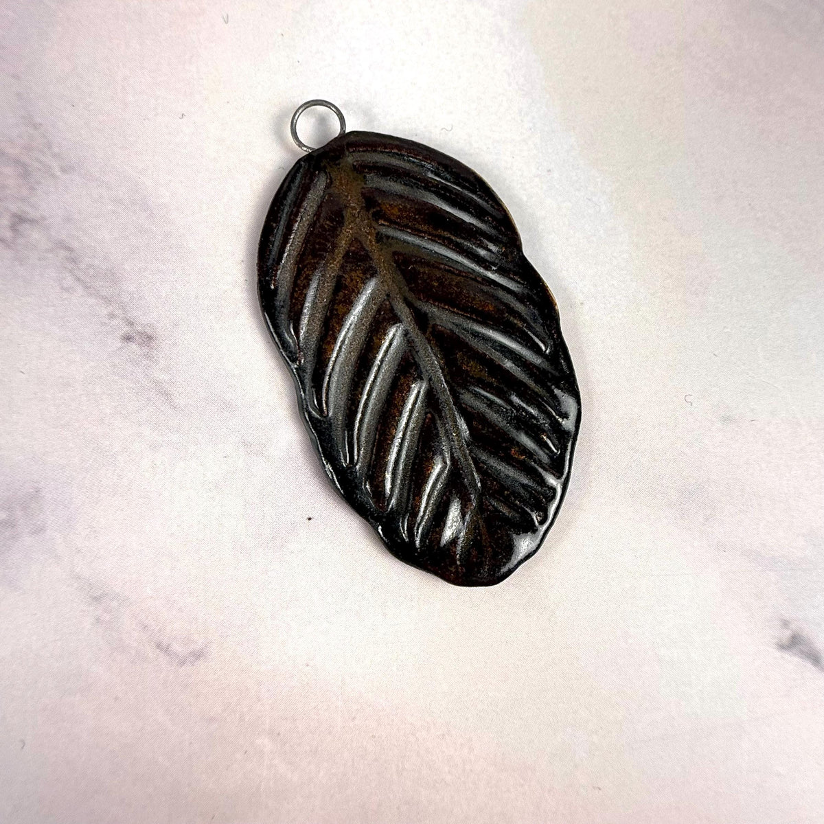Deep Black and Copper Leaf Ceramic Pendant