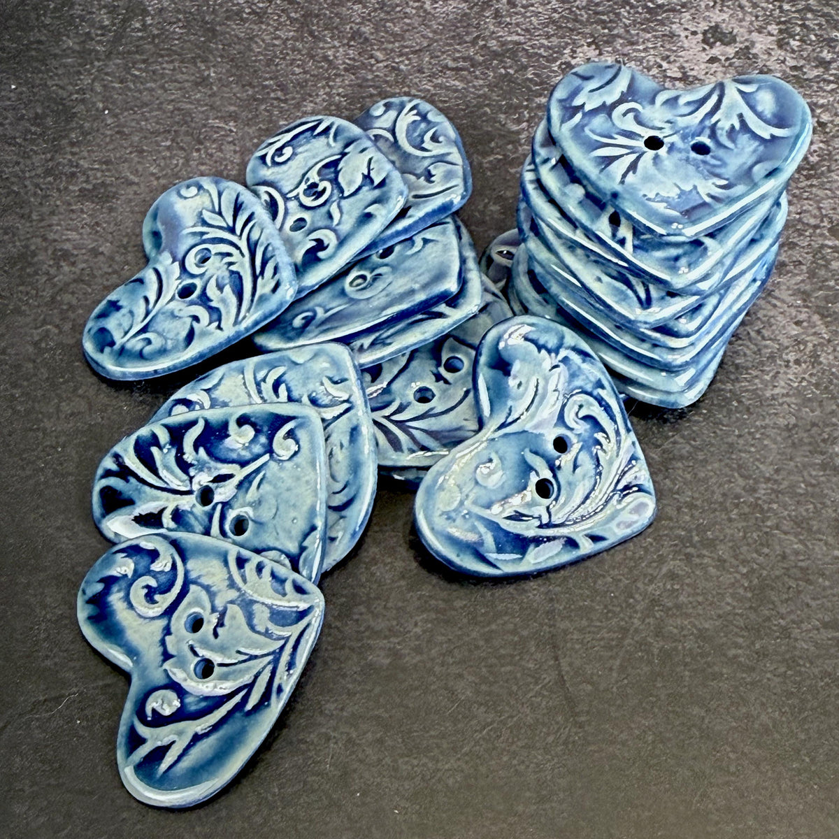 Dark Blue Patterned Heart Ceramic Button