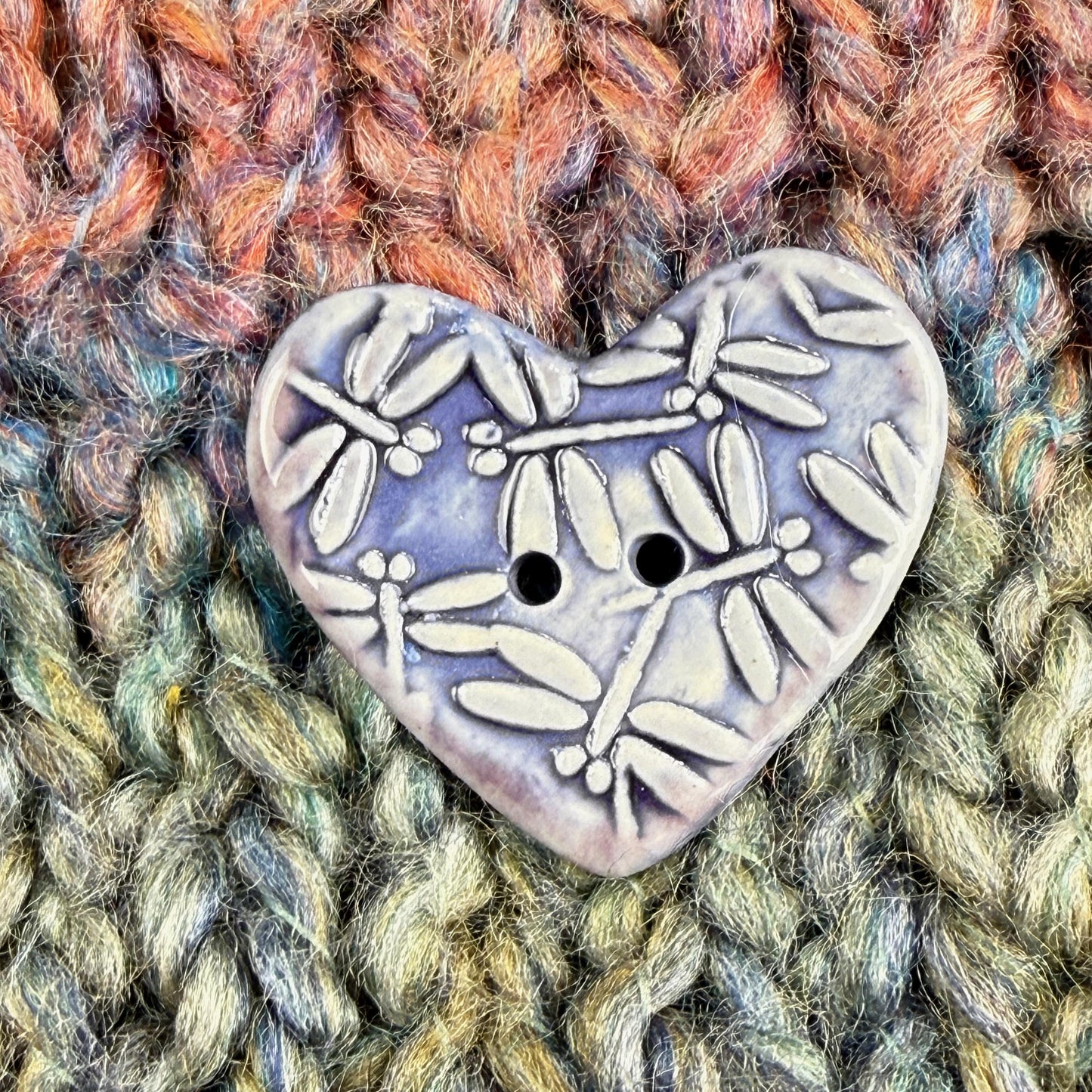Purple Dragonfly Patterned Heart Ceramic Button