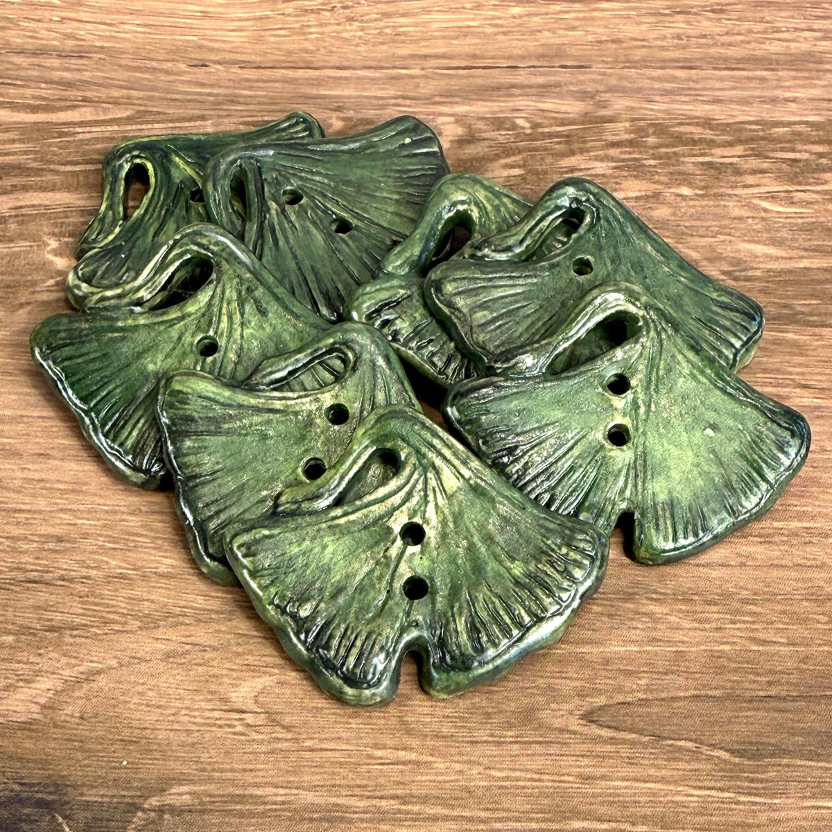 Carved Green Ginkgo Ceramic Button with Dark Green Details