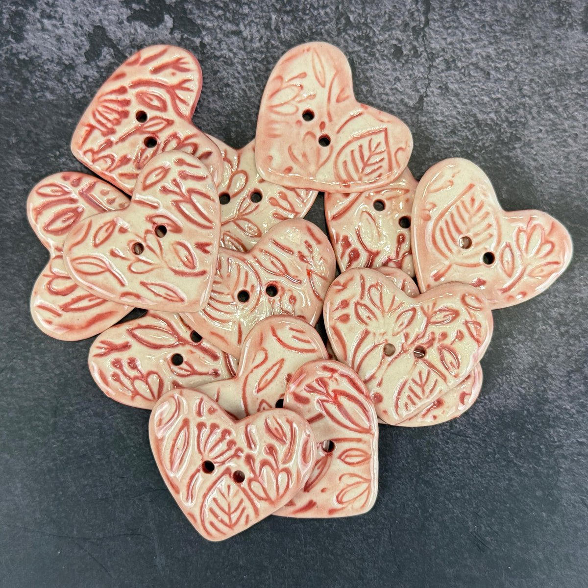 Red and Pale Pink Floral Patterned Heart Ceramic Button