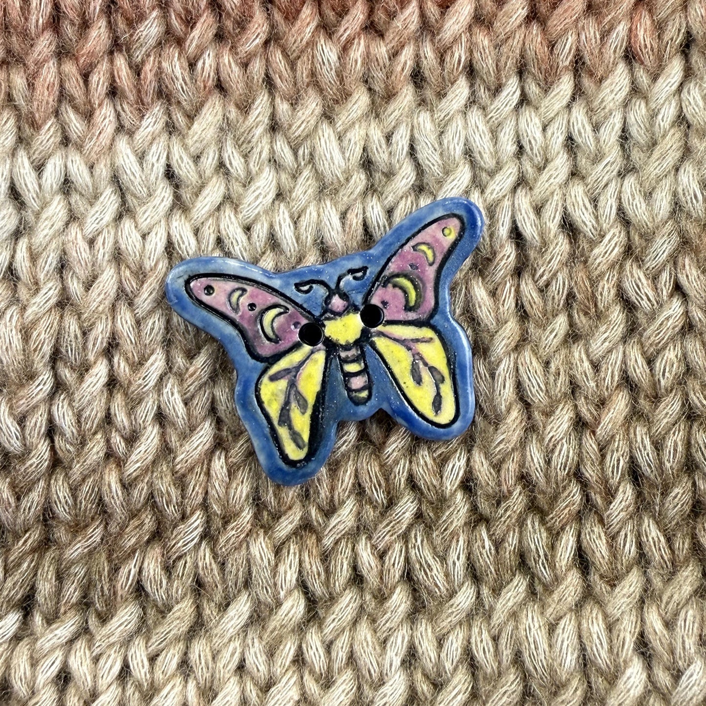 Purple, Blue, Yellow Moth Ceramic Button