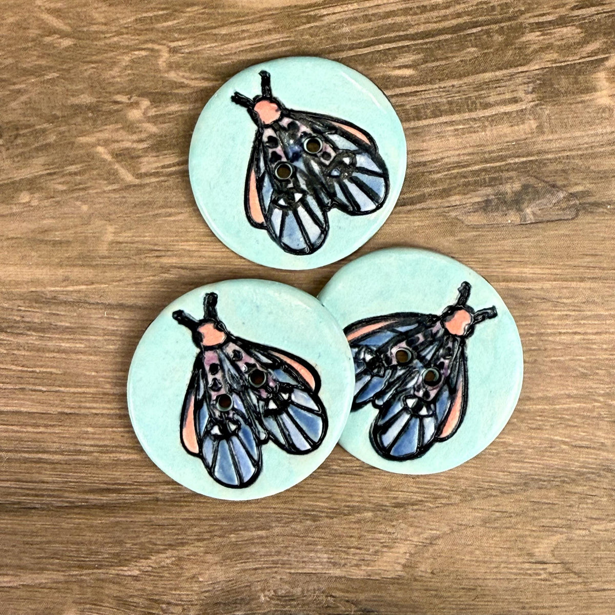 Blue Moth with Eyes on Aqua Blue Ceramic Button