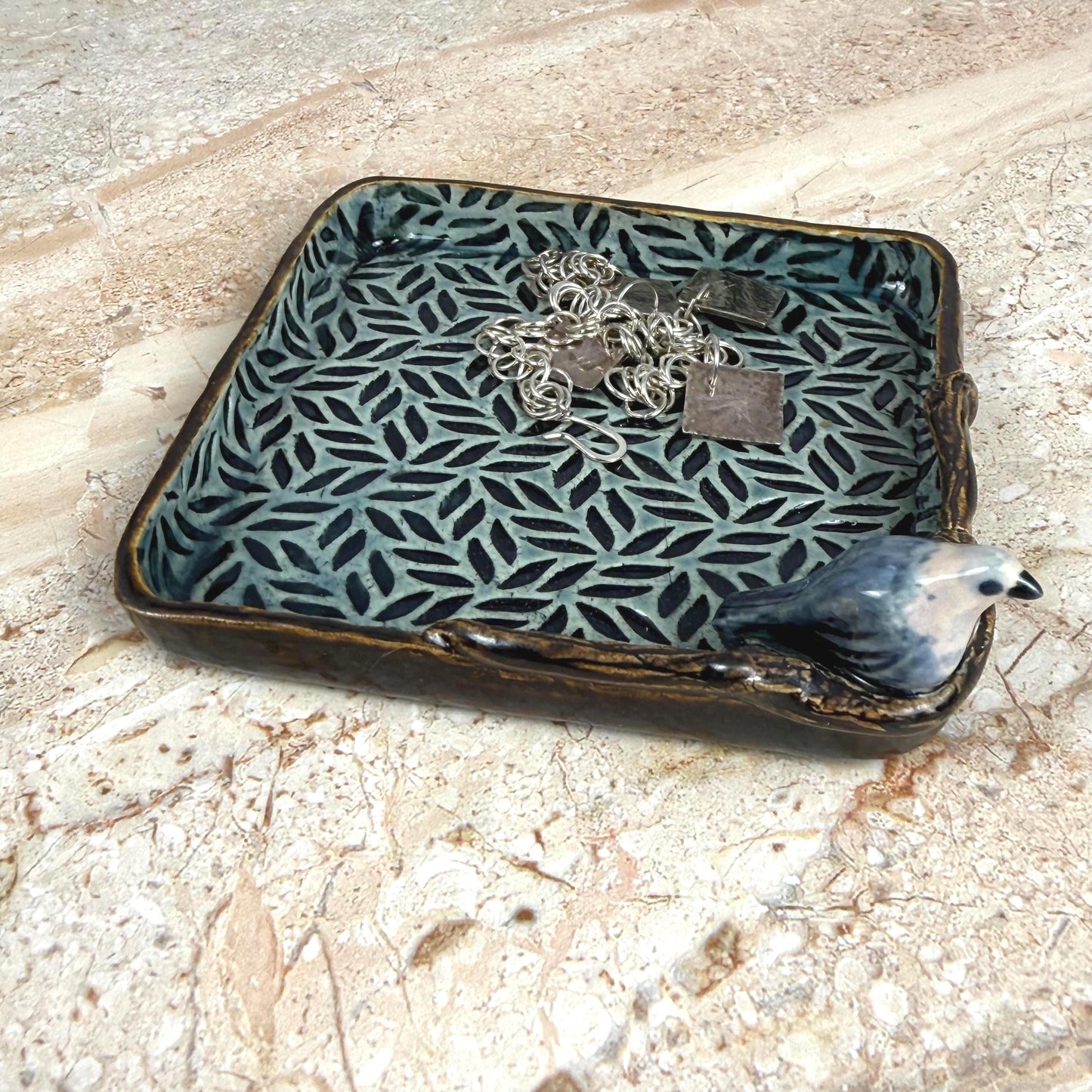 Leaves and Branches Trinket Dish with Small Bird