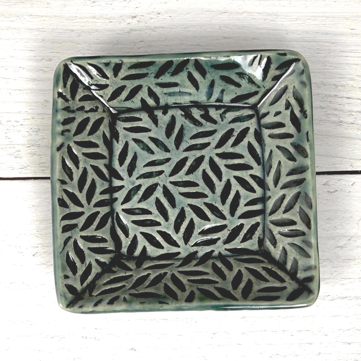 Sage Green Leaf Patterned Square Dish