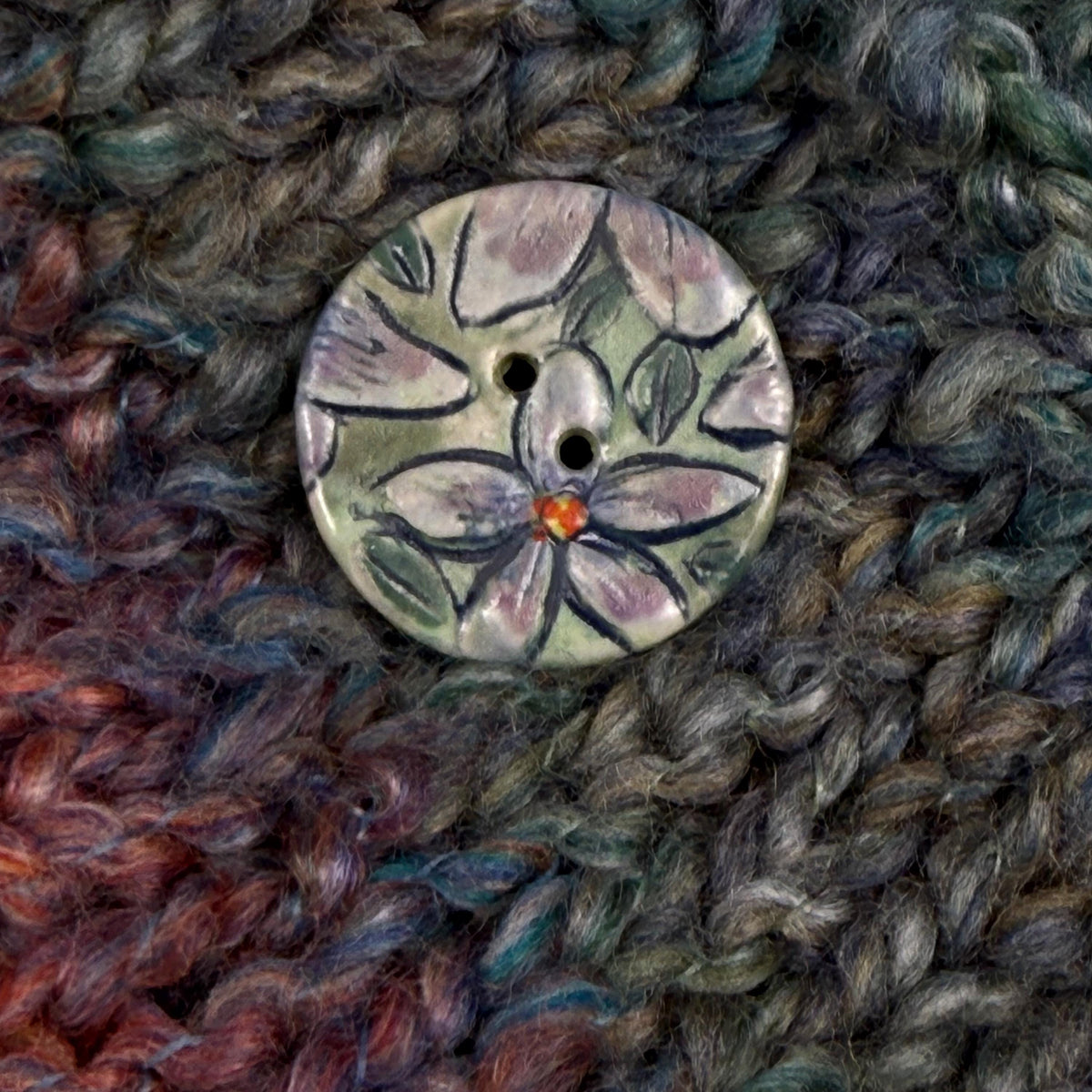 Purple Flowers on Green Round Buttons