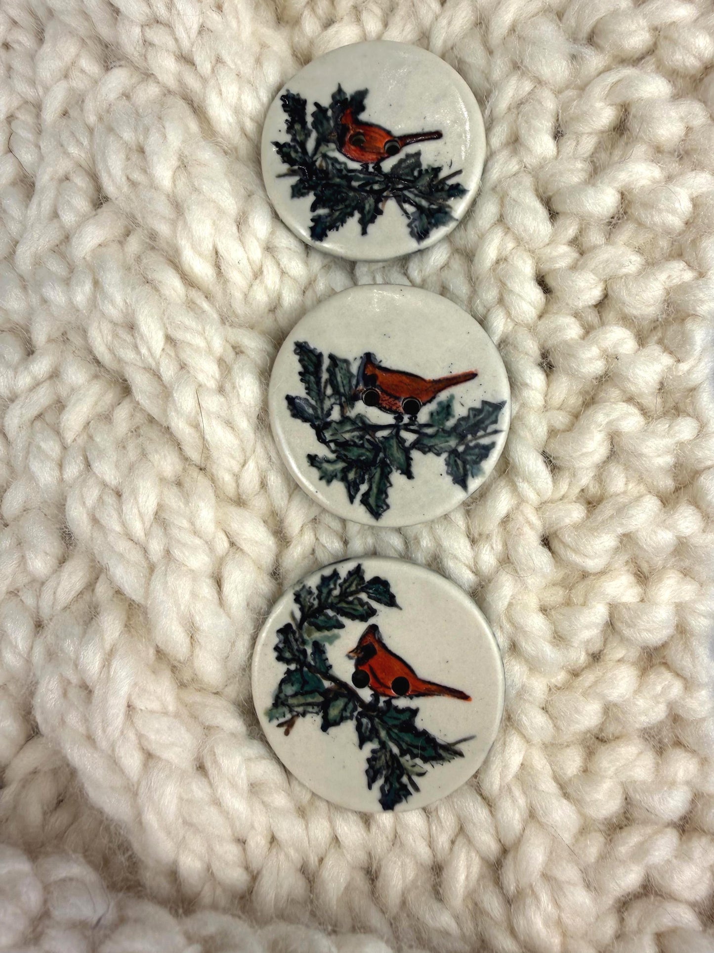 Red Cardinal With Holly on White Round Button