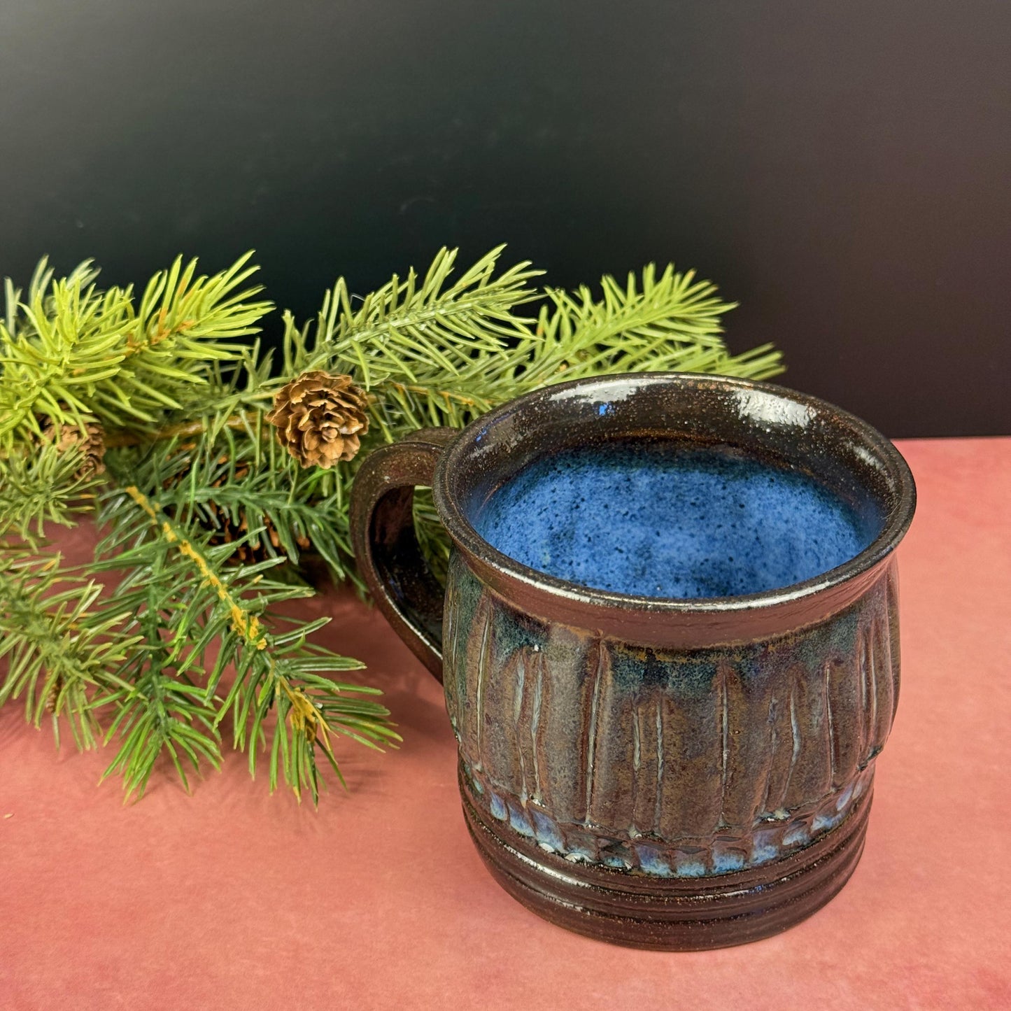 Midnight Blue and Brown Carved Rustic Mug