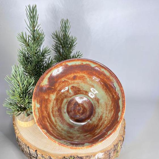 Brown and Turquoise Carved Serving Bowl/Fruit Bowl