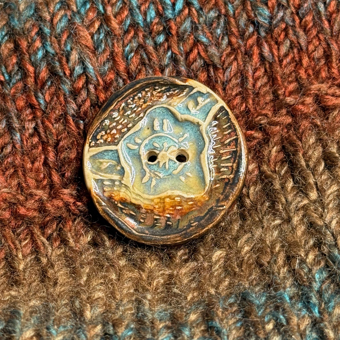 Flower and Leaf Textured Button Blue and Copper