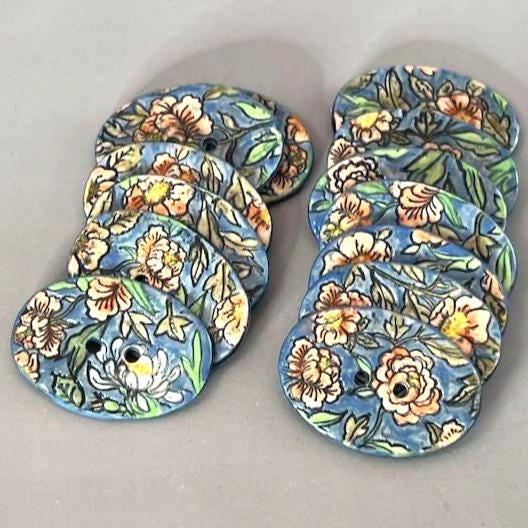 Cottage Garden Flowers on Blue Oval Buttons