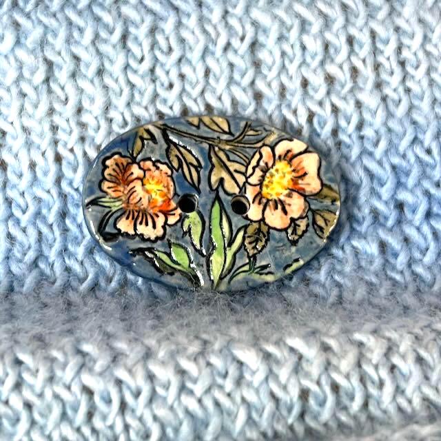 Cottage Garden Flowers on Blue Oval Buttons