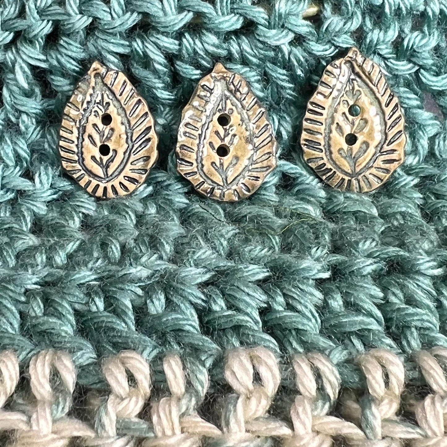 Natural Paisley with Dark Green Details Teardrop Shaped Ceramic Button