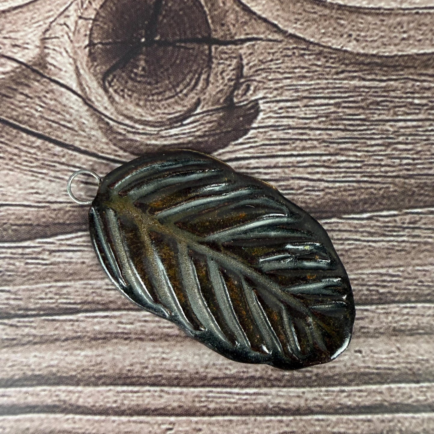 Deep Black and Copper Leaf Ceramic Pendant
