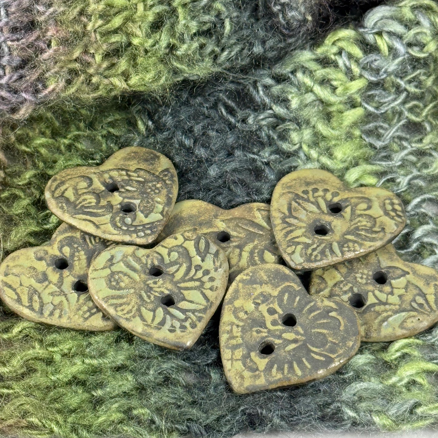 Matcha Green Floral Pattern on Black Porcelain Heart Button