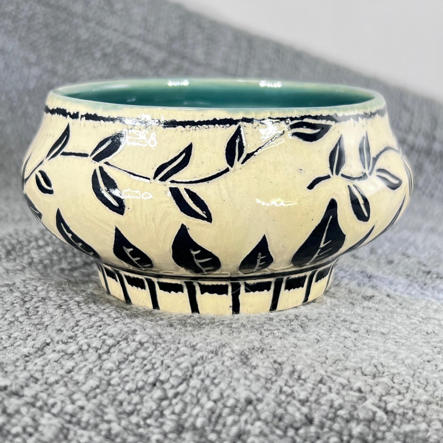 Small Decorative Sgraffito Bowl with Blue Liner Glaze