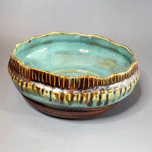 Copper and Turquoise Carved Stoneware Trinket Dish