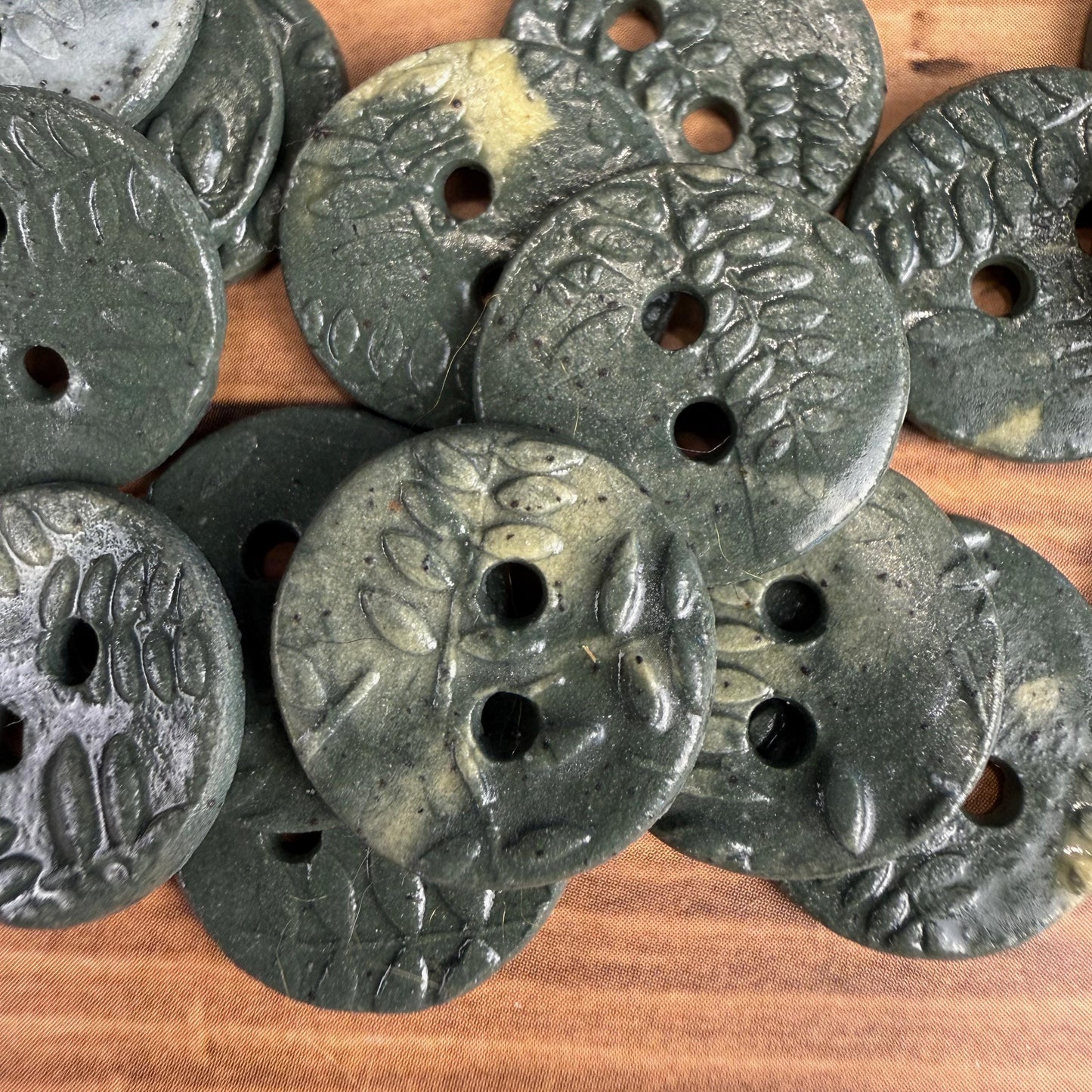 5 Tiny Green Porcelain Buttons with Fern Pattern