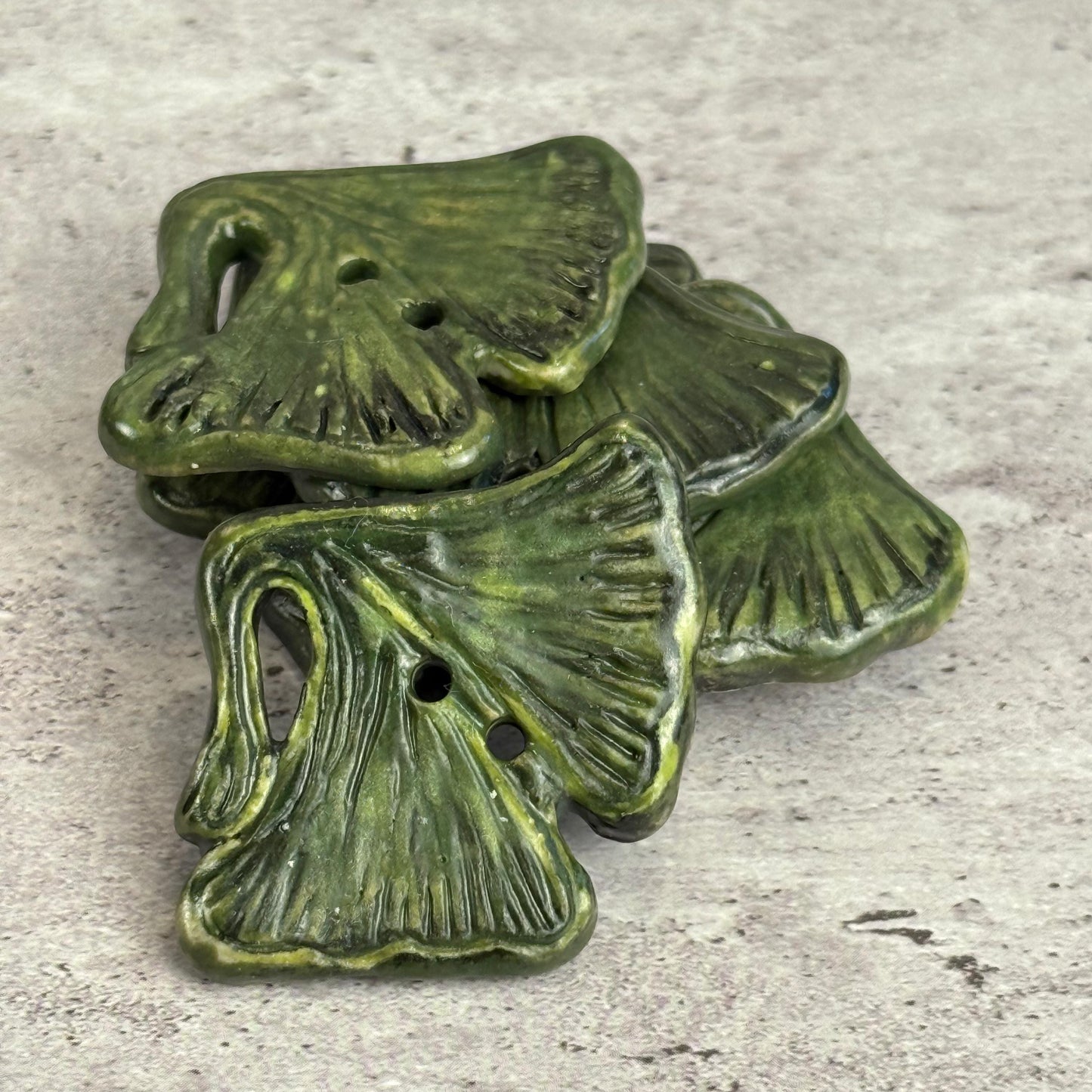 Carved Green Ginkgo Ceramic Button with Dark Green Details
